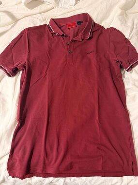 HUGO Men's Burgundy Polo with Contrasting Trim